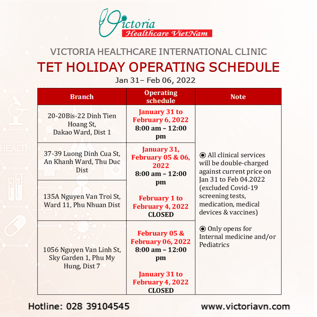 VICTORIA HEALTHCARE INTERNATIONAL CLINIC TET HOLIDAY OPERATING SCHEDULE