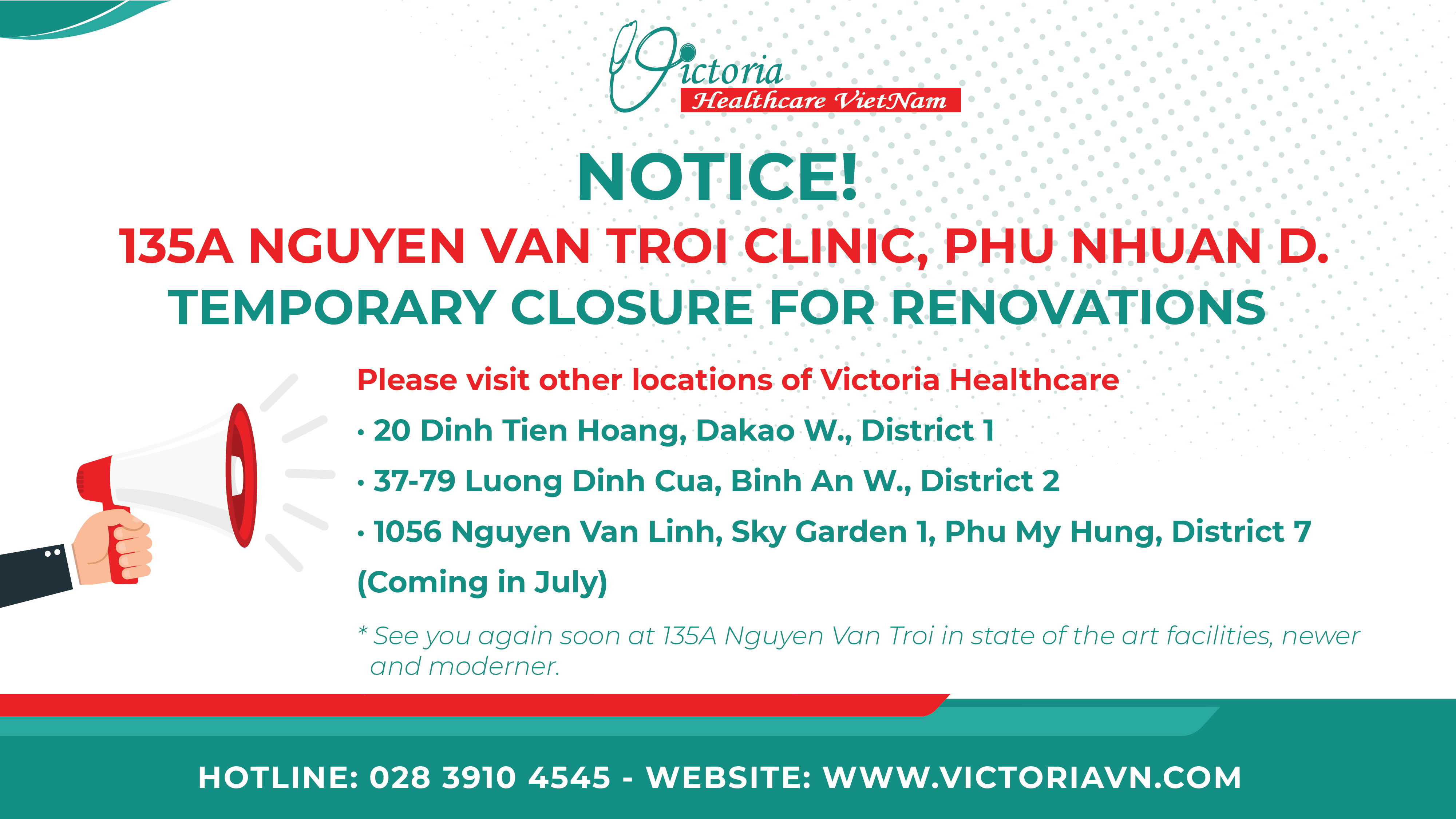 Victoria Healthcare 135A Nguyen Van Troi Clinic temporarily closed for renovations effective June 14 2020